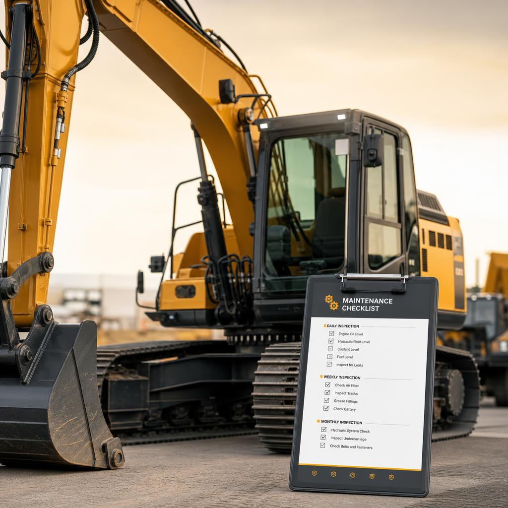Escavadeira real em pátio de equipamentos com checklist de manutenção digital